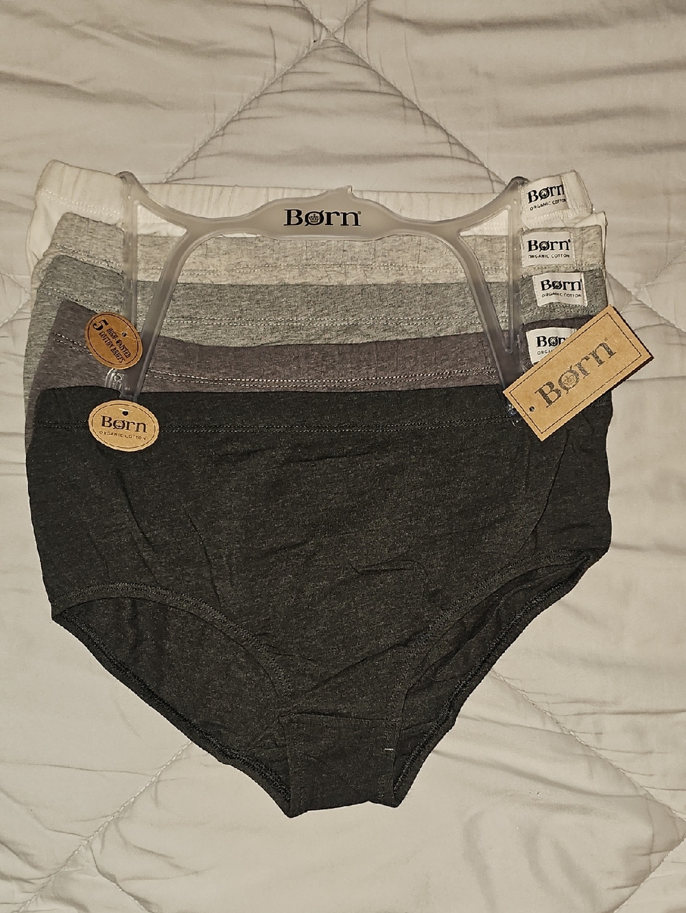 Born Women's Briefs 5-Pack in White and Gray Tones Organic Cotton New